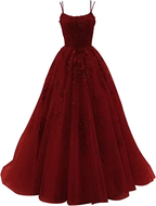 Spaghetti Strap Prom Dress Lace Appliques Wedding Tulle Long Dress Princess Formal Evening Gowns Y1202