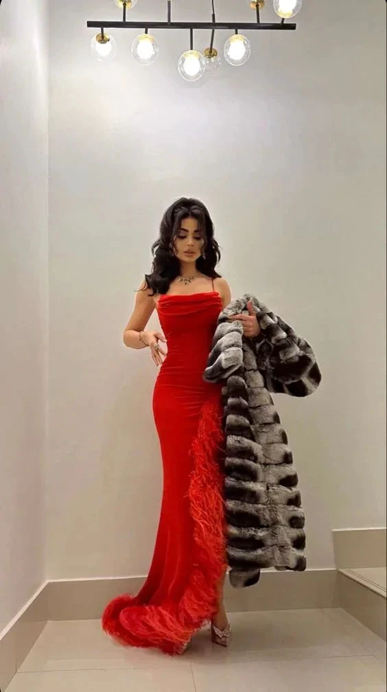 Sexy Mermaid Straps Red Prom Dress With Feathers,Long Evening Dress Y7901