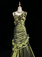 Vintage Dark Green Irregular Neckline Satin Beaded Evening Dress Ruched Mermaid Prom Dress Y8560