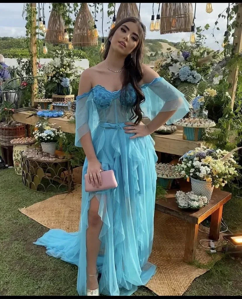 Off The Shoulder Blue Long Prom Dress,Charming Blue Evening Dress Y2395