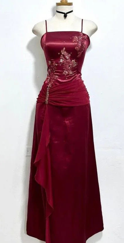 Vintage Burgundy Satin Chiffon Beaded Prom Dress Evening Dress Y8448