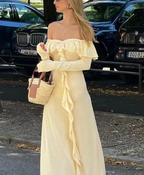 Classy Off The Shoulder Ruffles Cream Long Prom Dress Slit Party Evening Dress Y7975