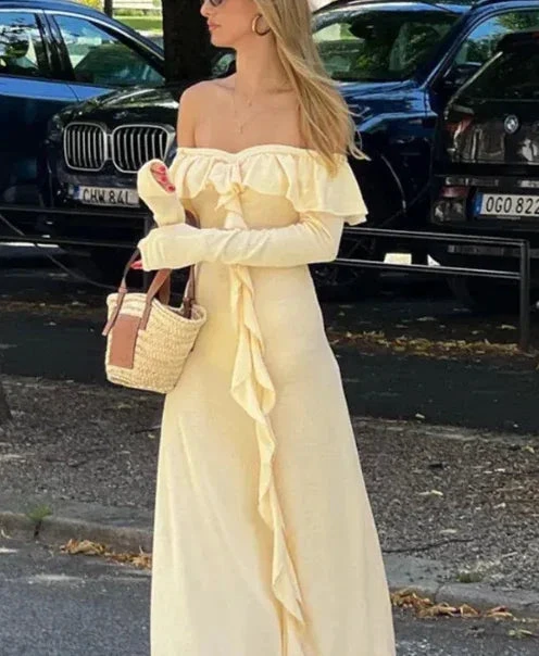 Classy Off The Shoulder Ruffles Cream Long Prom Dress Slit Party Evening Dress Y7975