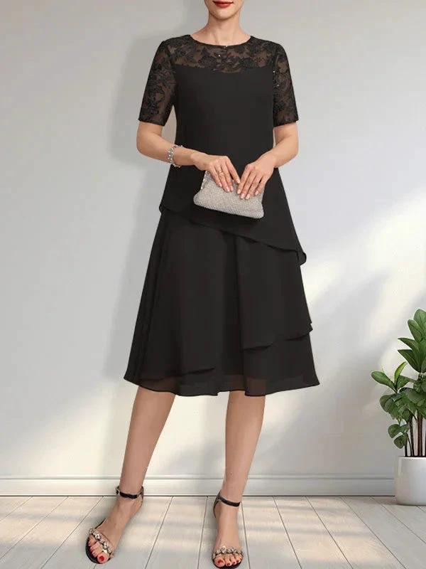 A-line Scoop Illusion Knee-Length Lace Chiffon Mother of the Bride Dress With Sequins