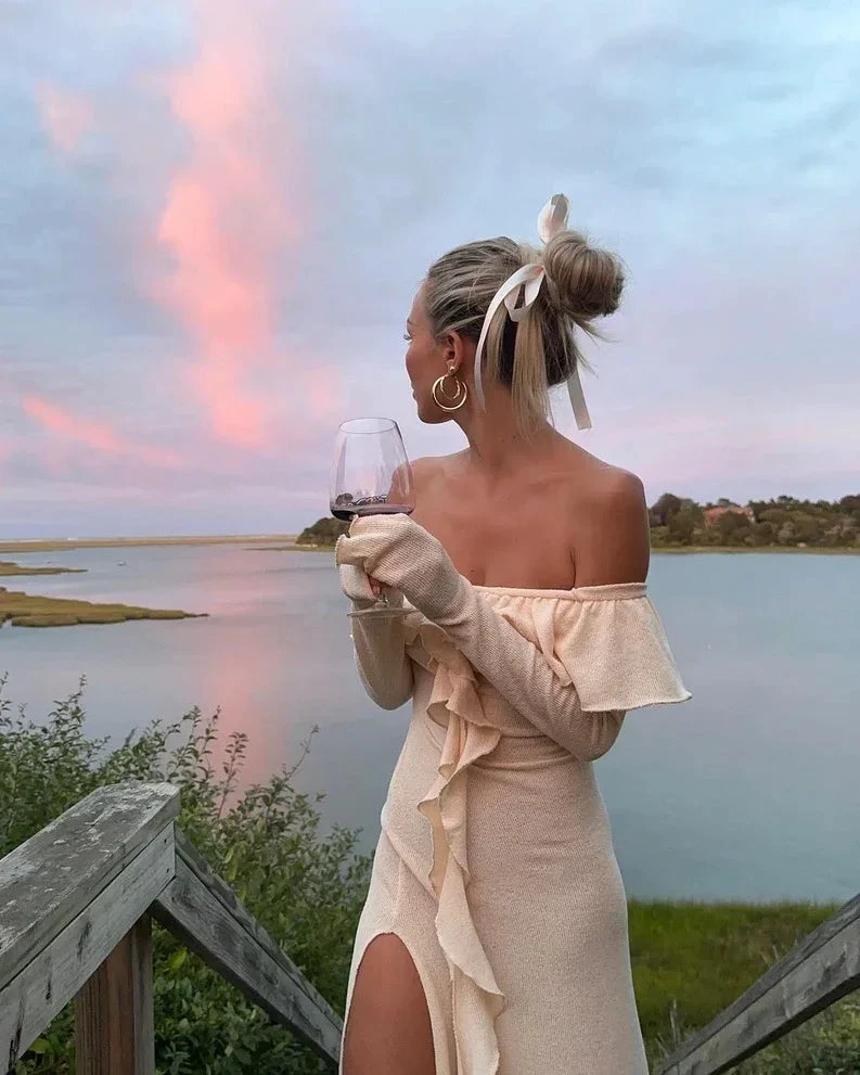 Classy Off The Shoulder Ruffles Cream Long Prom Dress Slit Party Evening Dress Y7975