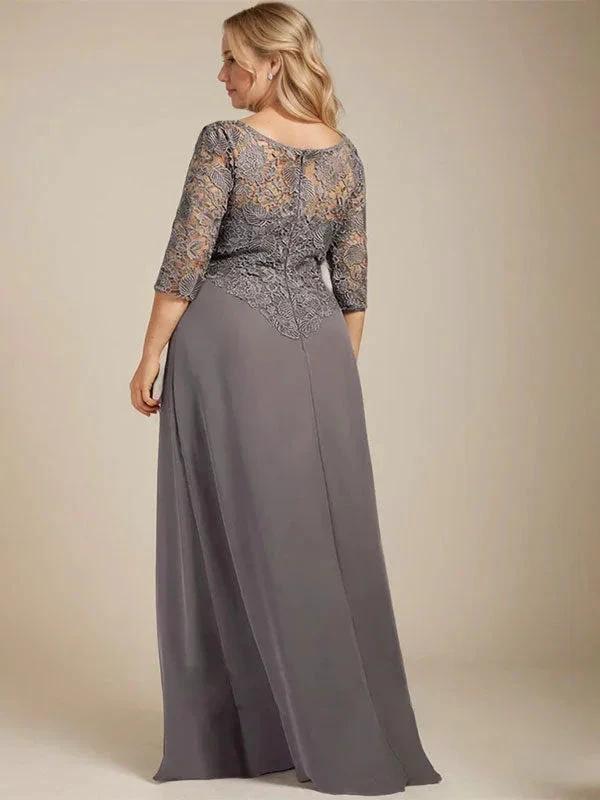 A-line Scoop Illusion Floor-Length Lace Chiffon Mother of the Bride Dress With Cascading Ruffles