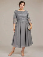 A-line Scoop Tea-Length Lace Chiffon Mother of the Bride Dress