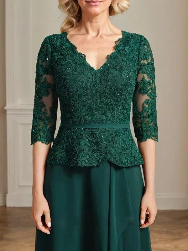 A-line V-Neck Floor-Length Lace Chiffon Mother of the Bride Dress With Cascading Ruffles Sequins