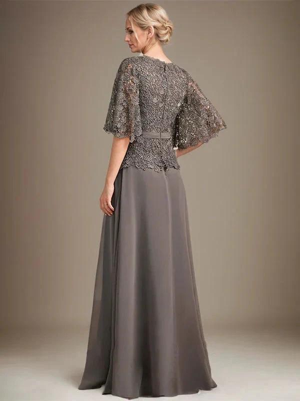 A-line V-Neck Floor-Length Chiffon Lace Mother of the Bride Dress With Crystal Brooch Rhinestone