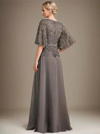 A-line V-Neck Floor-Length Chiffon Lace Mother of the Bride Dress With Crystal Brooch Rhinestone