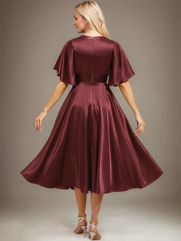 A-line V-Neck Tea-Length Stretch Satin Mother of the Bride Dress With Beading Pleated
