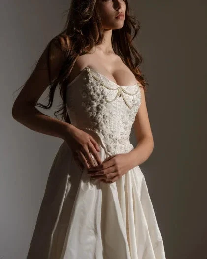 Classy Strapless Satin Beaded Evening Dress A Line Slit Prom Dress Y8314