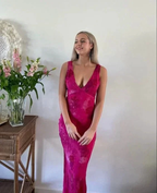 Elegant Deep V Neck Print Floral Evening Dress Prom Gown Y4548