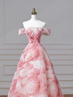 Dream Pink Strapless Satin Print Sequins Prom Dress Princess Birthday Ball Gown Y8604