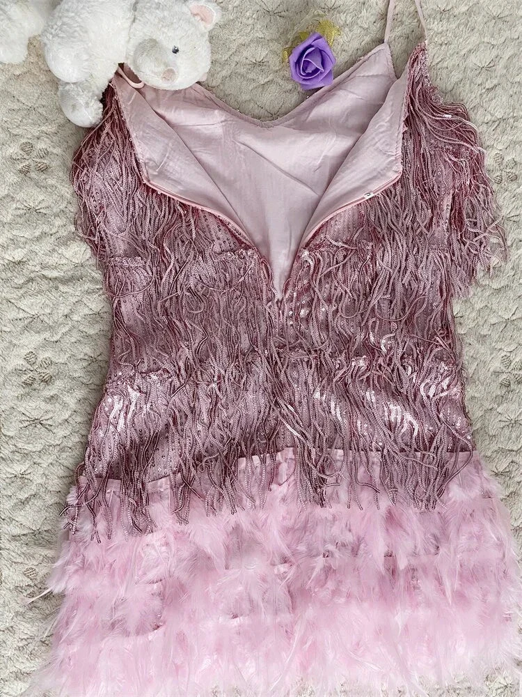 Women Sexy Feather Sparkly Tassel Dress Pink Sequin Fringe Dance Flapper Dress Summer Formal Dress,Pink Homecoming Dress Y2470