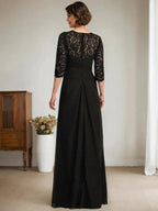 A-Line Scoop Illusion Floor-Length Lace Chiffon Mother Of the Bride Dress With Beading Ruffles