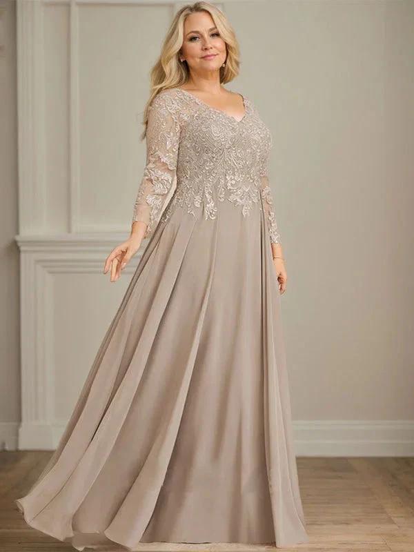 A-line V-Neck Floor-Length Lace Chiffon Mother of the Bride Dress With Sequins