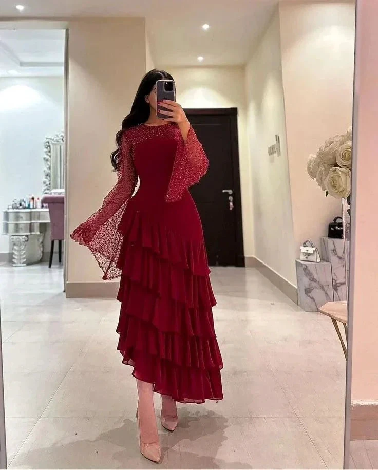 Women's Sequin Prom Dress Chiffon Tiered Burgundy Evening Dress Y7616