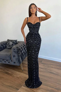 Spaghetti Straps Black Meimaid Long Prom Dress with Applique and Beads