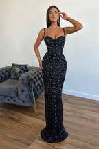 Spaghetti Straps Black Meimaid Long Prom Dress with Applique and Beads