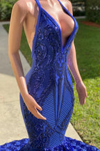 Royal Blue V-Neck Mermaid Prom Dress with Halter Neckline and Open Back