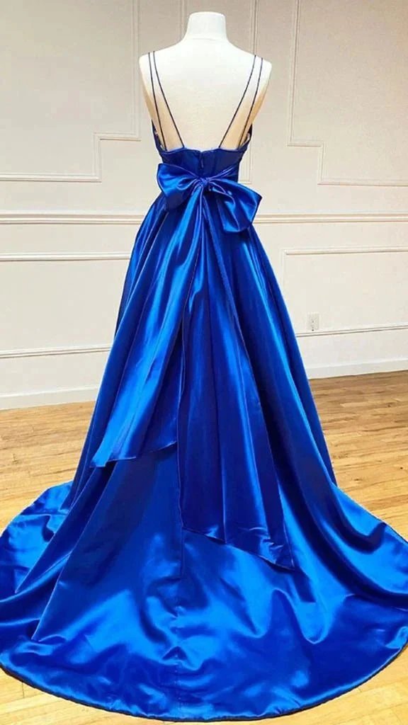 A-line Satin V Neck Royal Blue Prom Dresses Evening Dresses Y1163