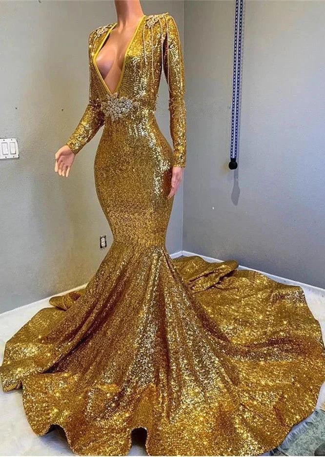 Gold Long Sequined V-Neck Bakless Mermaid Prom Dress With Sleeves