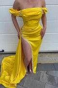 Yellow Off-the-Shoulder Satin Beads Mermaid Prom Dress With Split
