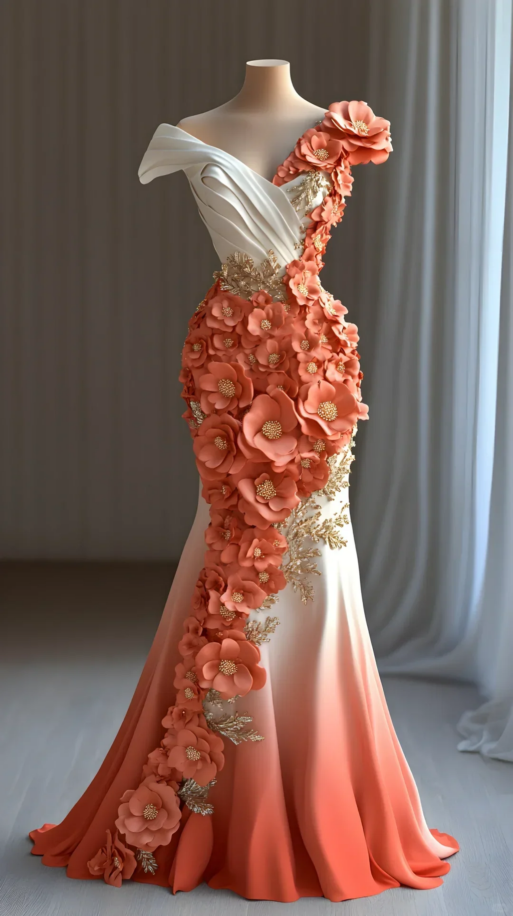 Pretty Peony Flower Appliques Chiffon Prom Dress Mermaid Long Evening Dress Y8565