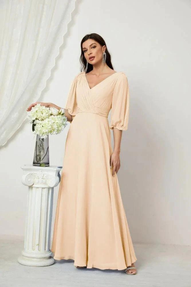 Numbersea  Formal Prom Gown Women V-Neck Chiffon Bridesmaid Dresses Long Bishop Sleeve Party Dress 2807