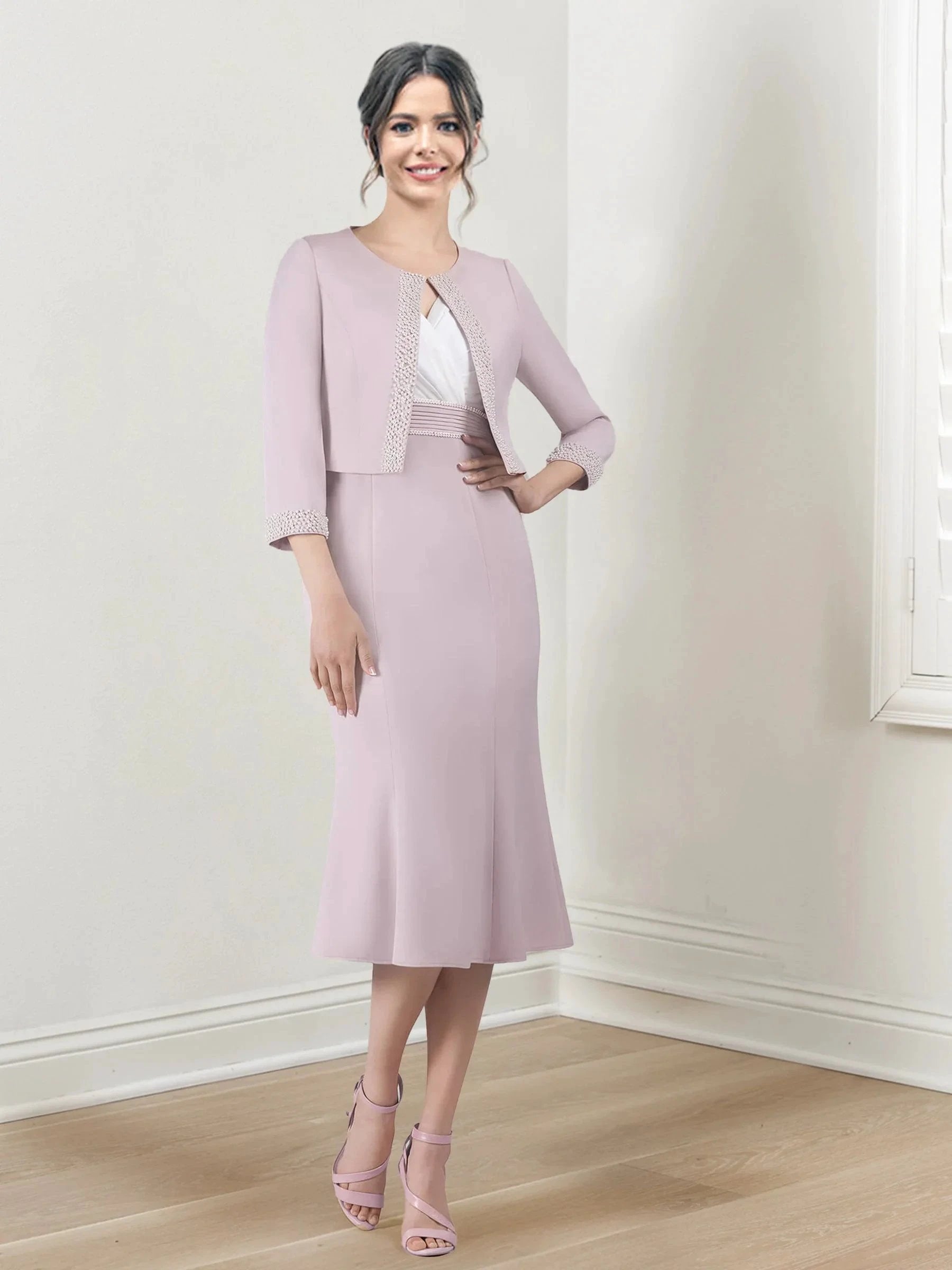 Sheath/Column V-Neck Tea-Length Mother of the Bride Dresses