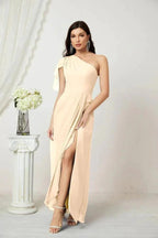 Numbersea  Chiffon Ruffled One Shoulder Long Bridesmaid Dresses A-line Formal Evening Gown Side Split 2809