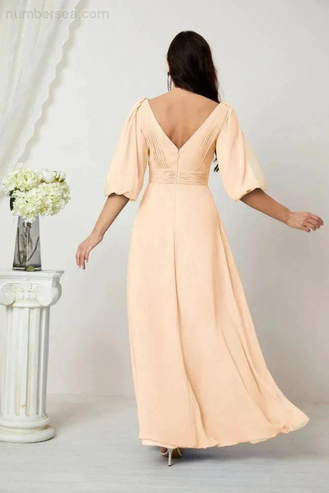 Numbersea  Formal Prom Gown Women V-Neck Chiffon Bridesmaid Dresses Long Bishop Sleeve Party Dress 2807