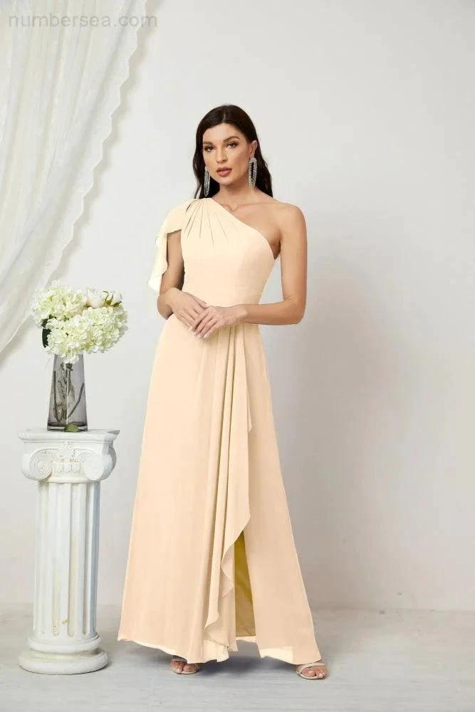 Numbersea  Chiffon Ruffled One Shoulder Long Bridesmaid Dresses A-line Formal Evening Gown Side Split 2809