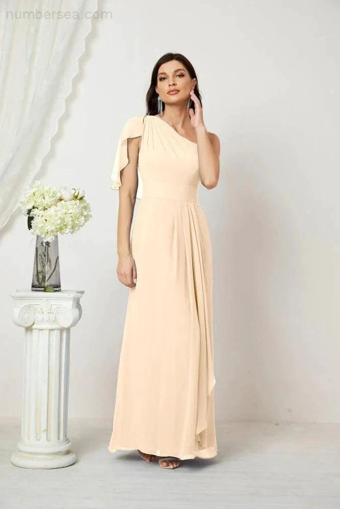 Numbersea  Chiffon Ruffled One Shoulder Long Bridesmaid Dresses A-line Formal Evening Gown Side Split 2809