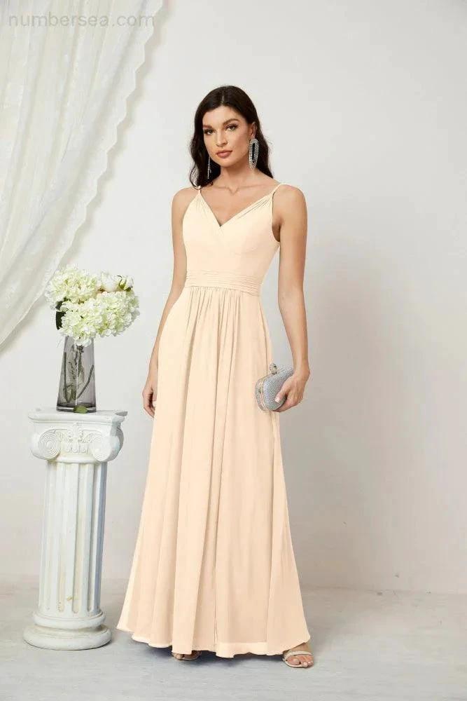 Numbersea Chiffon V-Neck Bridesmaid Dress Spaghetti Strap Long Formal Party Prom Gowns with Slit 28010