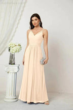 Numbersea Chiffon V-Neck Bridesmaid Dress Spaghetti Strap Long Formal Party Prom Gowns with Slit 28010