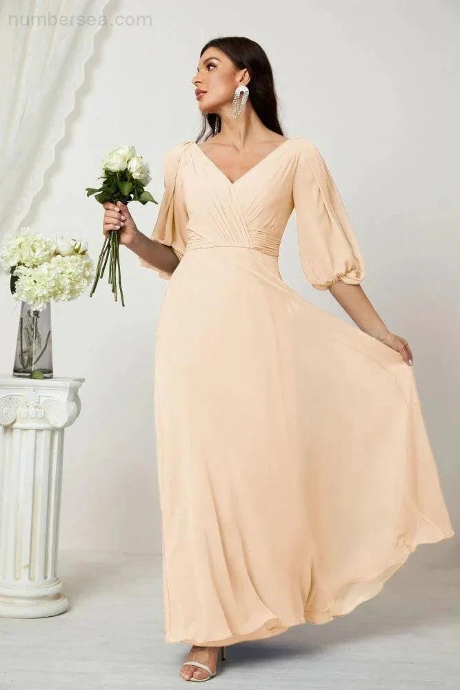 Numbersea  Formal Prom Gown Women V-Neck Chiffon Bridesmaid Dresses Long Bishop Sleeve Party Dress 2807
