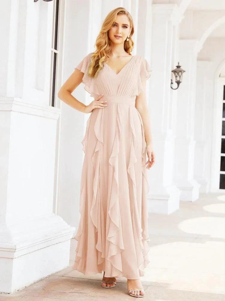Ruffled Bridesmaid Dresses with Sleeves Long Formal Party Dress 28041