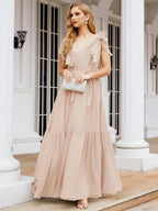 Numbersea Women's Open Back Formal Evening Party Prom Gowns V-Neck Long Chiffon Bridesmaid Dresses with Waist Belt 28038