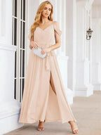 Numbersea Off The Shoulder Chiffon Bridesmaid Dress Long Formal Graduation Gown with Cowl Back 28069
