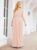 Numbersea V-Neck Bridesmaid Dresses Long Cap Sleeves Prom Evening Formal Gowns 28071