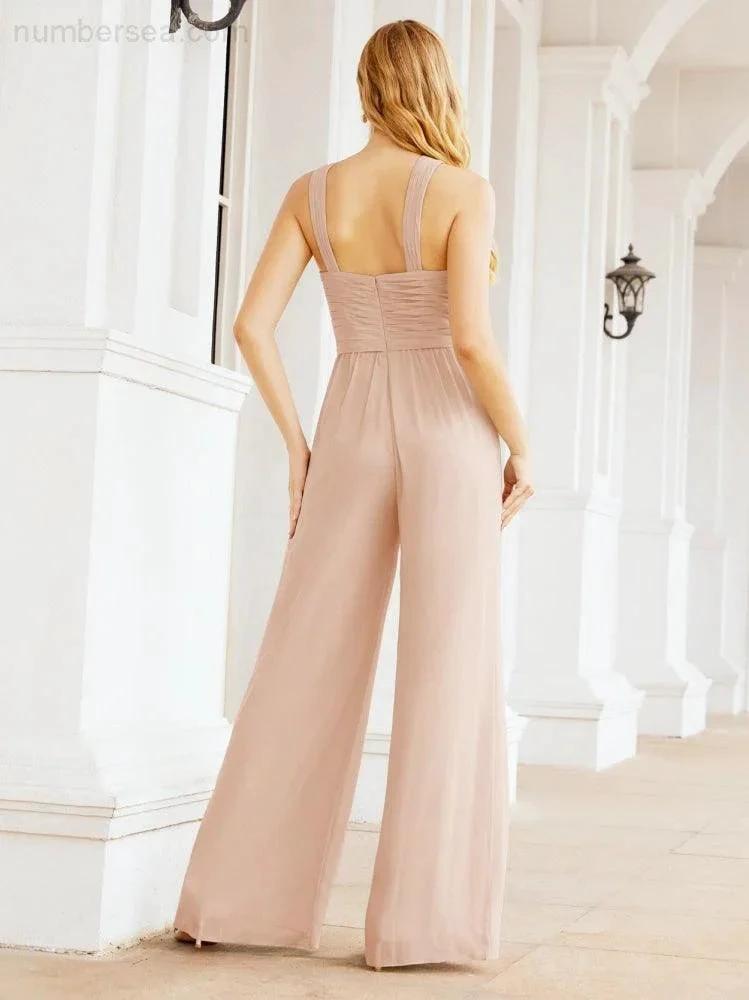 Numbersea Crisscross Neck Jumpsuit Formal Evening Dress Long Bridesmaid Dresses Bell-bottomed Pants 28033