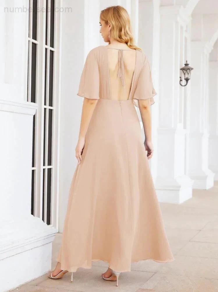 Numbersea V-Neck Bridesmaid Dress Chiffon Long Open Back Formal Dresses for Women Party Evening 28067