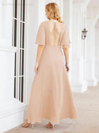 Numbersea V-Neck Bridesmaid Dress Chiffon Long Open Back Formal Dresses for Women Party Evening 28067