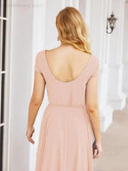 Numbersea V-Neck Bridesmaid Dresses Long Cap Sleeves Prom Evening Formal Gowns 28071