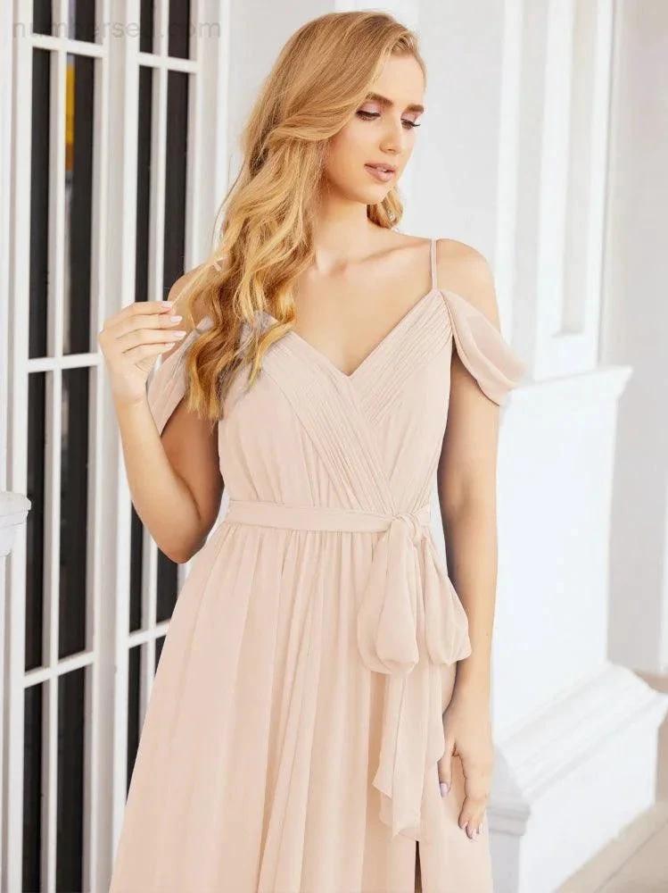 Numbersea Off The Shoulder Chiffon Bridesmaid Dress Long Formal Graduation Gown with Cowl Back 28069