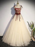 Vintage Tulle A Line Long Prom Dress Spaghetti Straps Evening Dress Ball Gown  Y7662