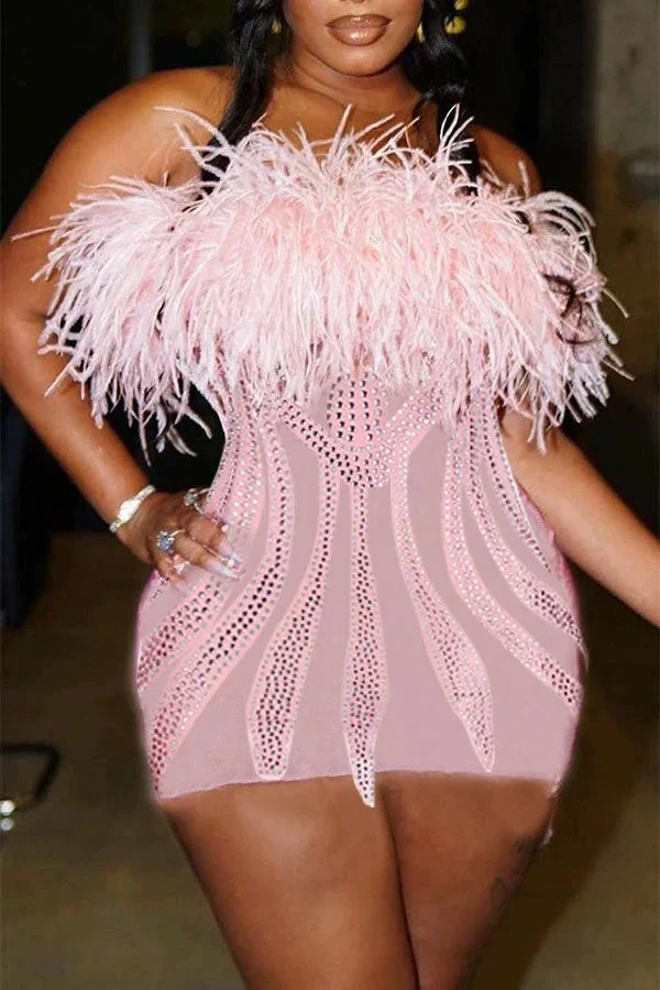 Rhinestone Girly Fluffy Mini Dress Pink Dress Short Homecoming Dress Y781