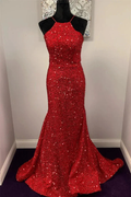 Backless Mermaid Burgundy Sequins Long Prom Dress, Mermaid Burgundy Formal Dress, Burgundy Evening Dress Y350